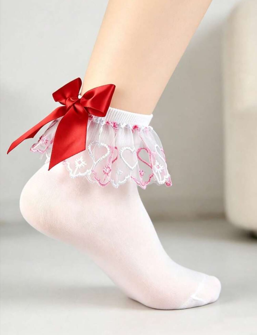Women's White Lace Frill Ankle Socks with Red Satin Bow – Cute Ruffle Dress Socks